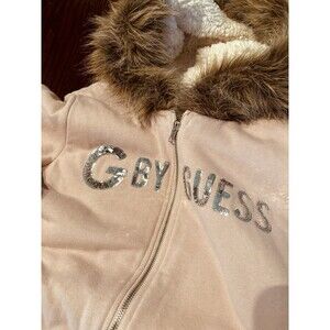VTG  G by Guess Faux Fur Hoodie Women's L Sherpa Lined Sequin Logo Full Zip Pink